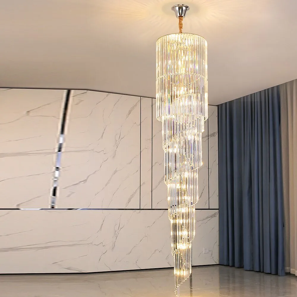 Spiral Design Long Crystal Chandeliers LED Light Lustre Hanglamp Modern Staircase Lighting Fixtures