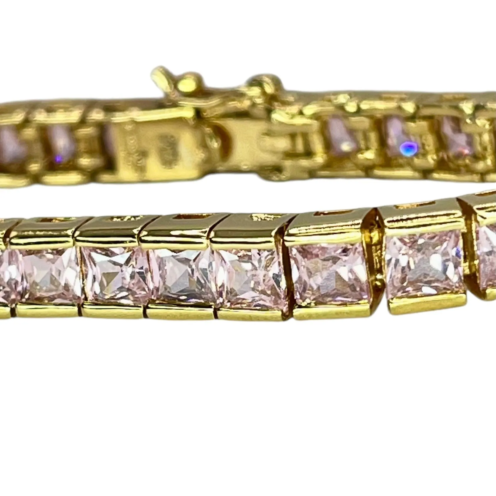 Sterling Silver Gold Vermeil Pink Ice Cubic Zirconia Princess Tennis Bracelet