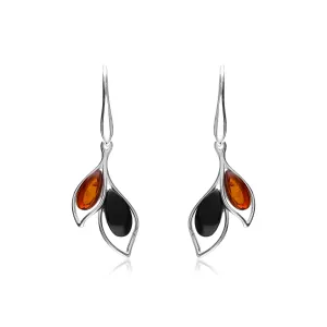 Sterling Silver Whitby Jet & Amber Mixed Leaf Drop Earrings