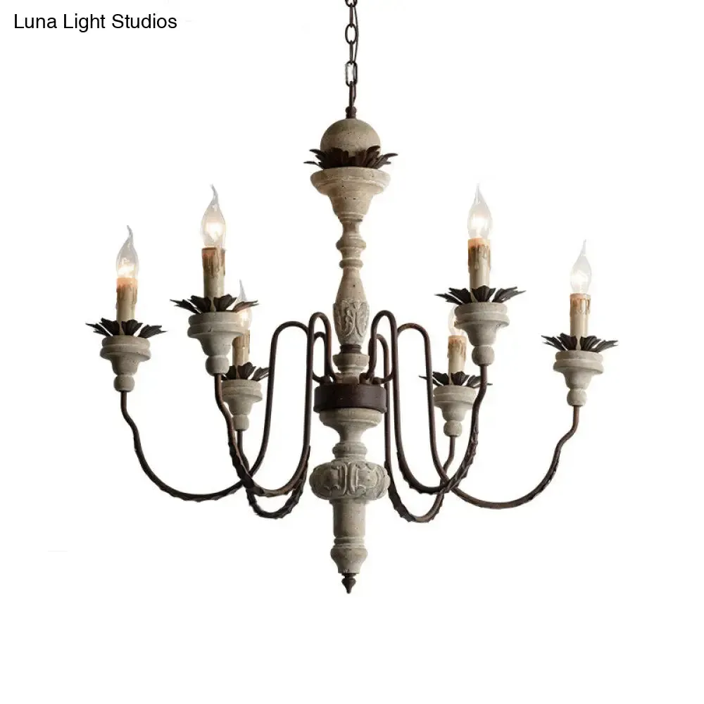 Traditional Wood Pendant Chandelier - 6 Lights, Distressed White - Living Room Lighting