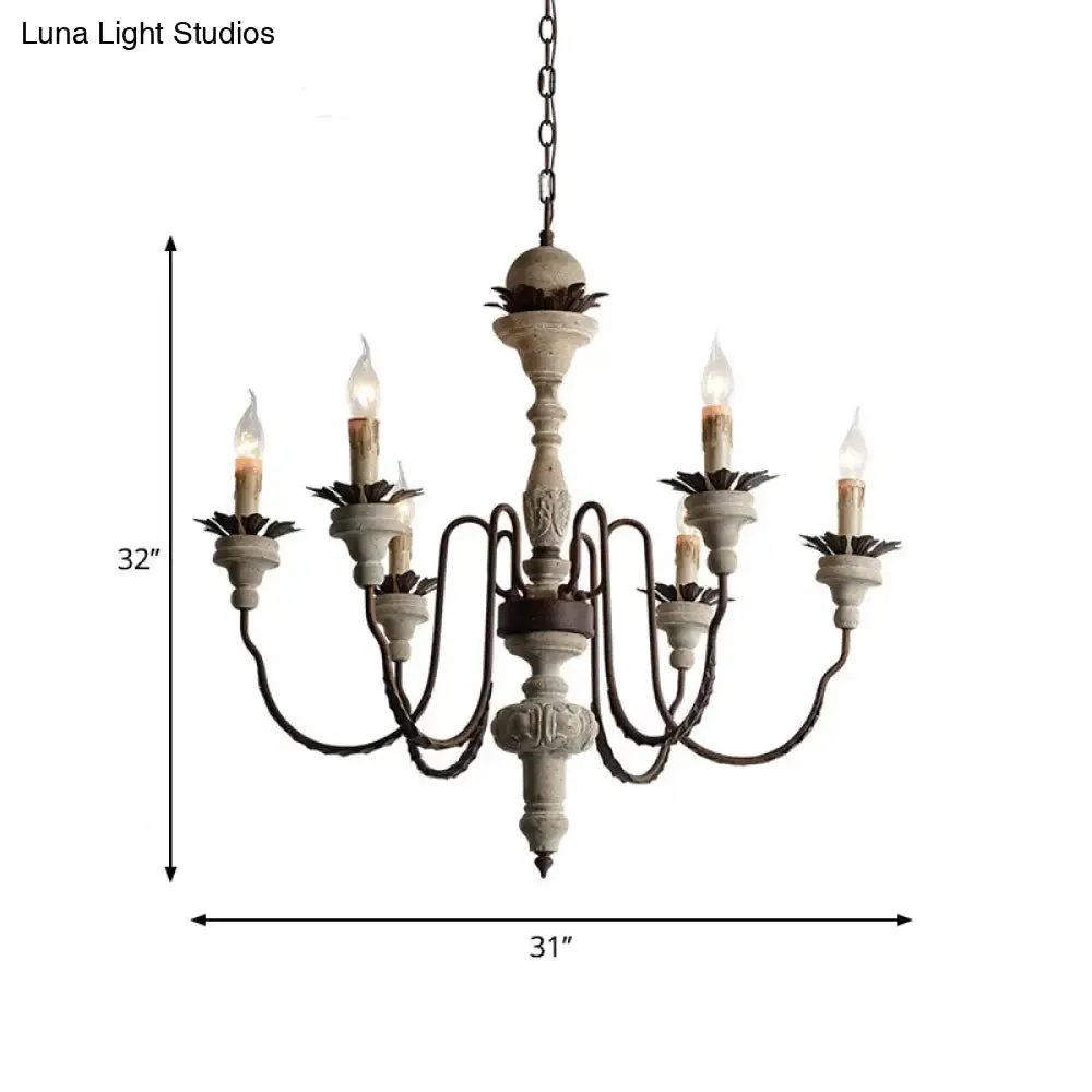 Traditional Wood Pendant Chandelier - 6 Lights, Distressed White - Living Room Lighting