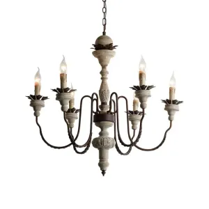 Traditional Wood Pendant Chandelier - 6 Lights, Distressed White - Living Room Lighting