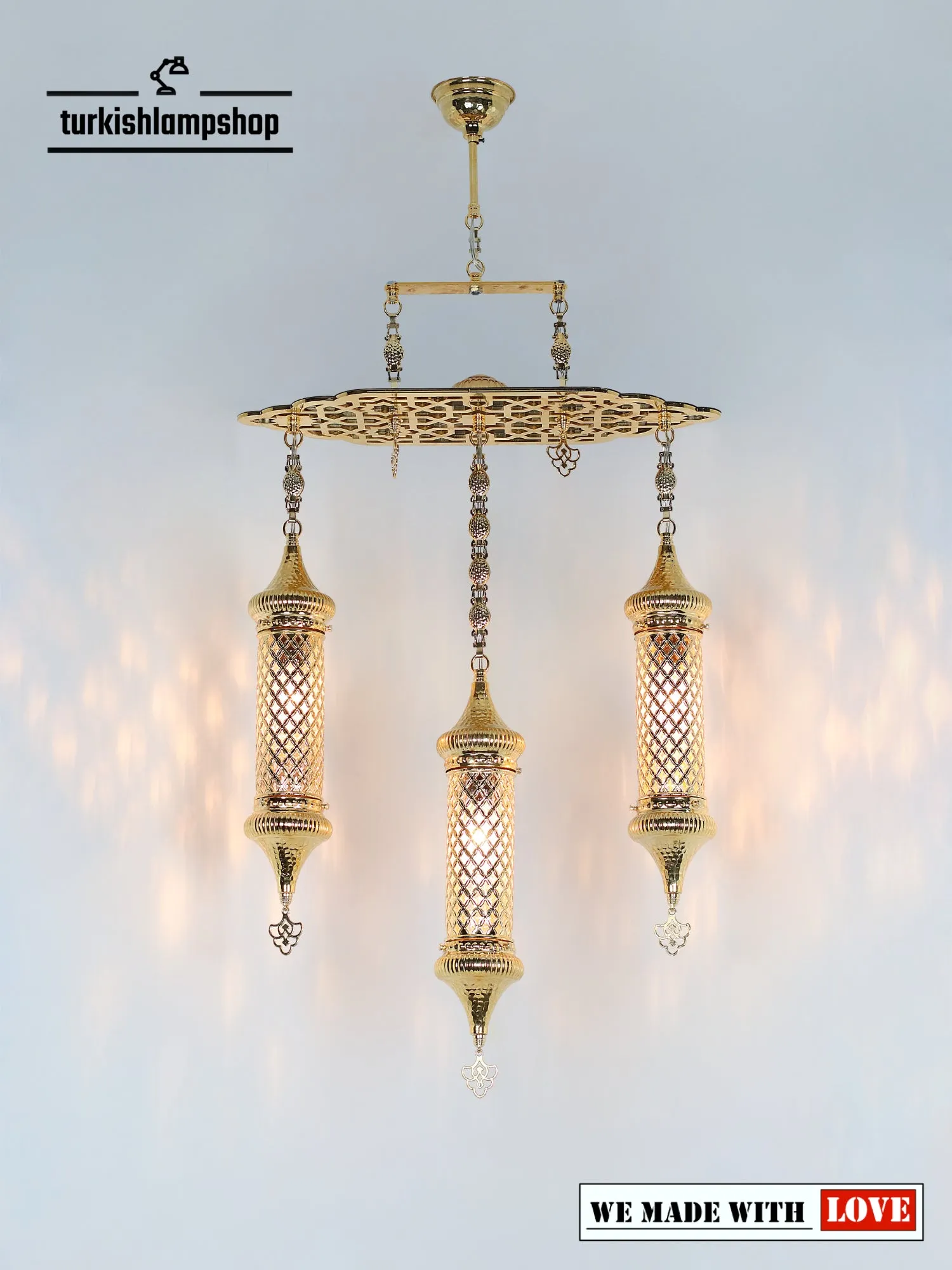 Turkish Chandelier Pyrex Glass 3 Cylinder Metal Dining Chandelier