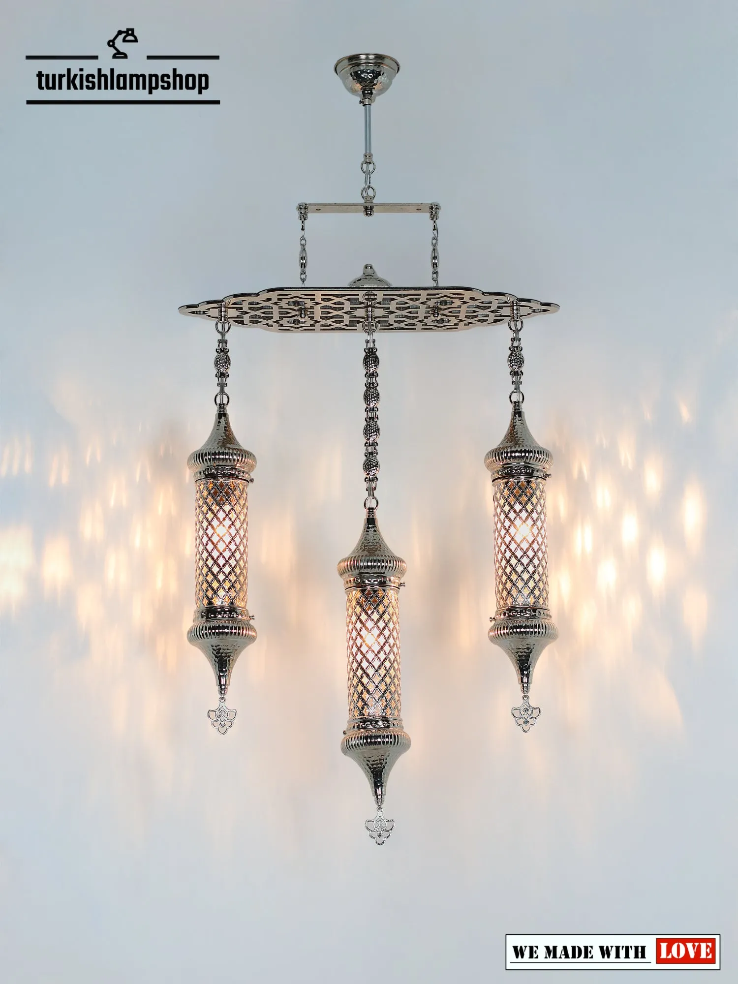 Turkish Chandelier Pyrex Glass 3 Cylinder Metal Dining Chandelier