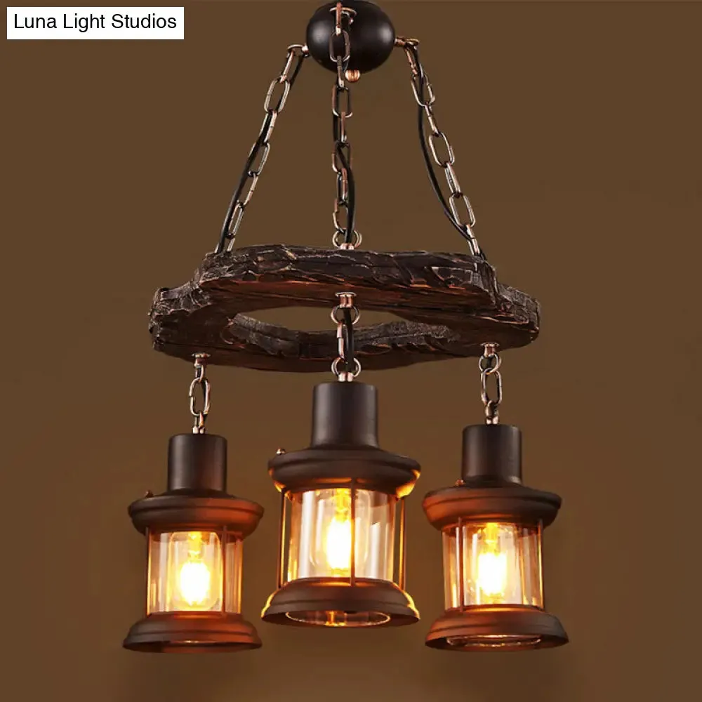 Vintage Distressed Wood Lantern Pendant Light with Clear Glass for Restaurants