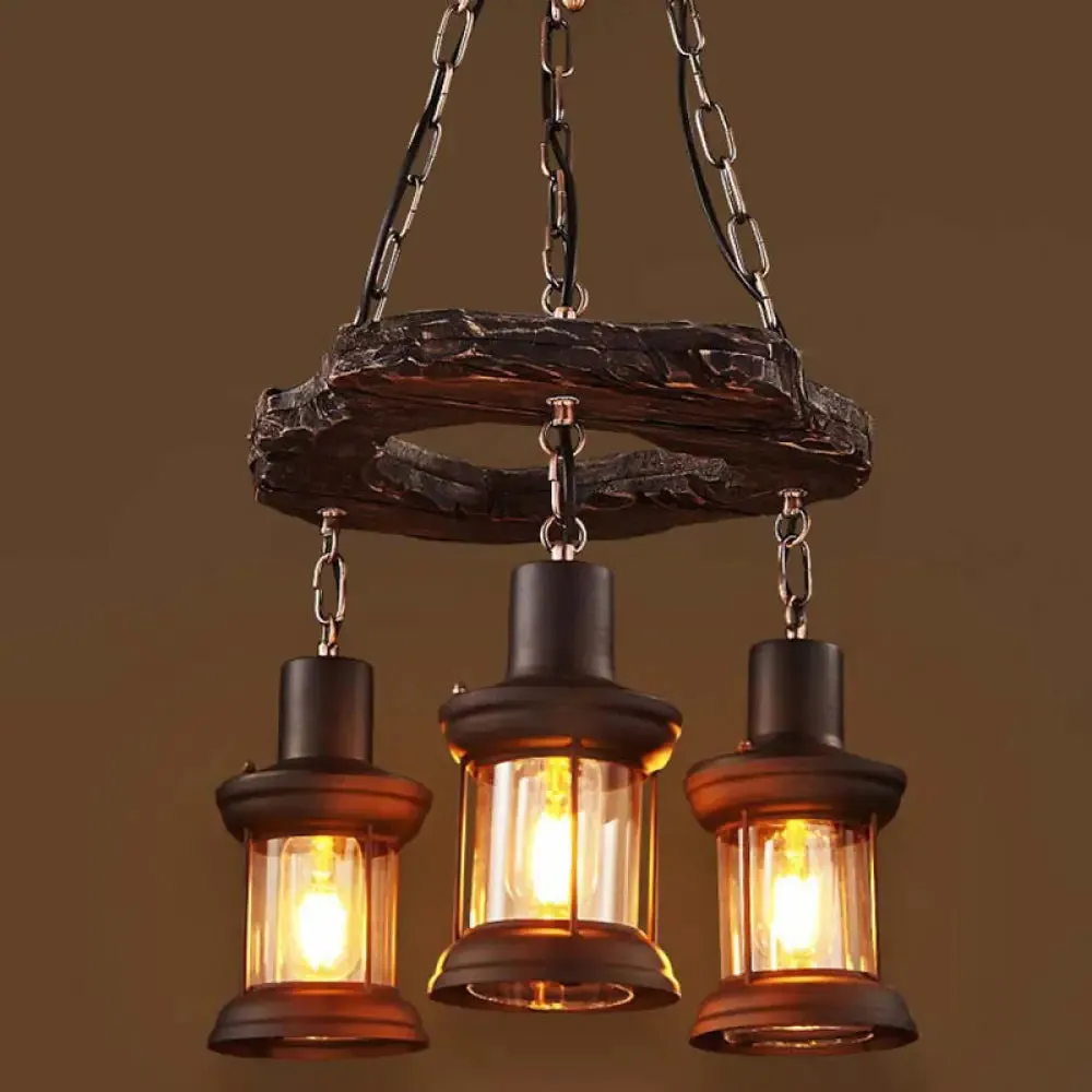 Vintage Distressed Wood Lantern Pendant Light with Clear Glass for Restaurants