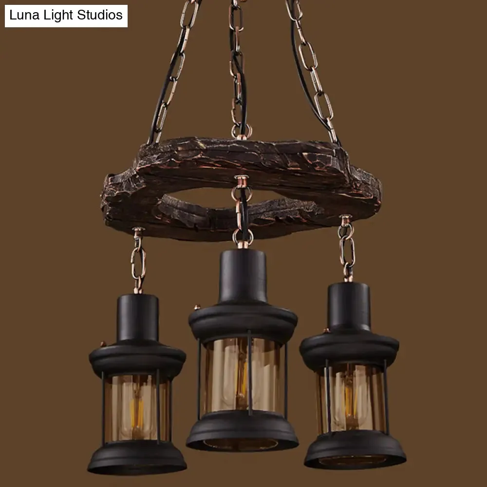 Vintage Distressed Wood Lantern Pendant Light with Clear Glass for Restaurants