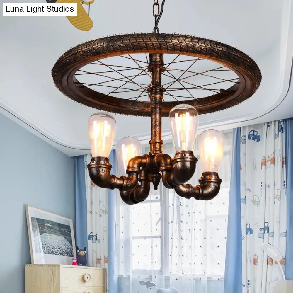 Vintage Metal Chandelier - 4 Lights Rust Pendant Light with Pipe, Wheel Design for Living Room