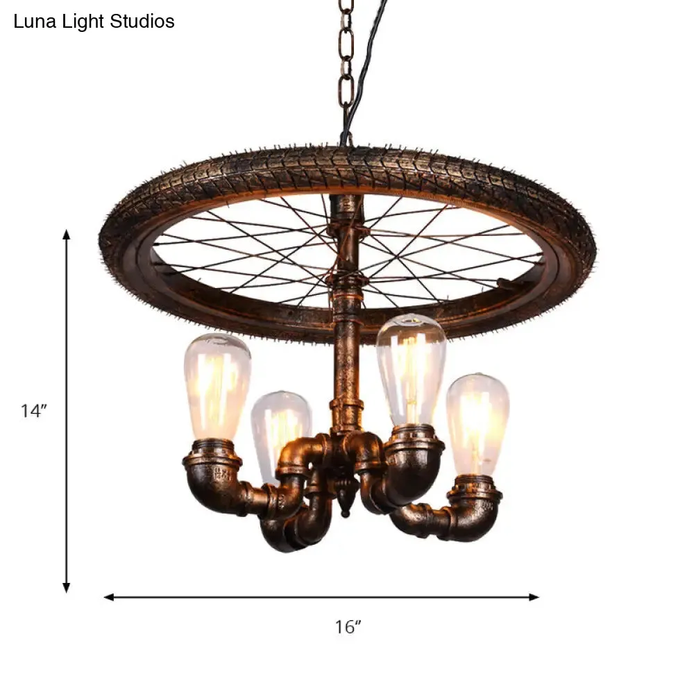 Vintage Metal Chandelier - 4 Lights Rust Pendant Light with Pipe, Wheel Design for Living Room