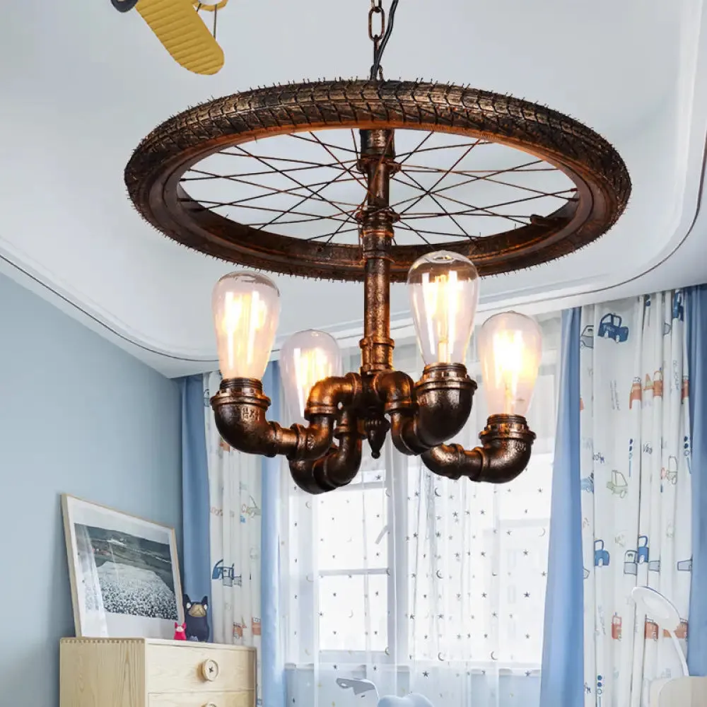 Vintage Metal Chandelier - 4 Lights Rust Pendant Light with Pipe, Wheel Design for Living Room