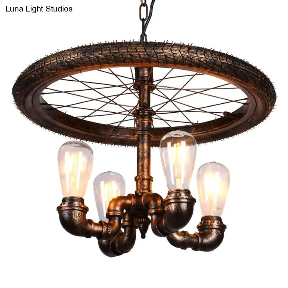 Vintage Metal Chandelier - 4 Lights Rust Pendant Light with Pipe, Wheel Design for Living Room