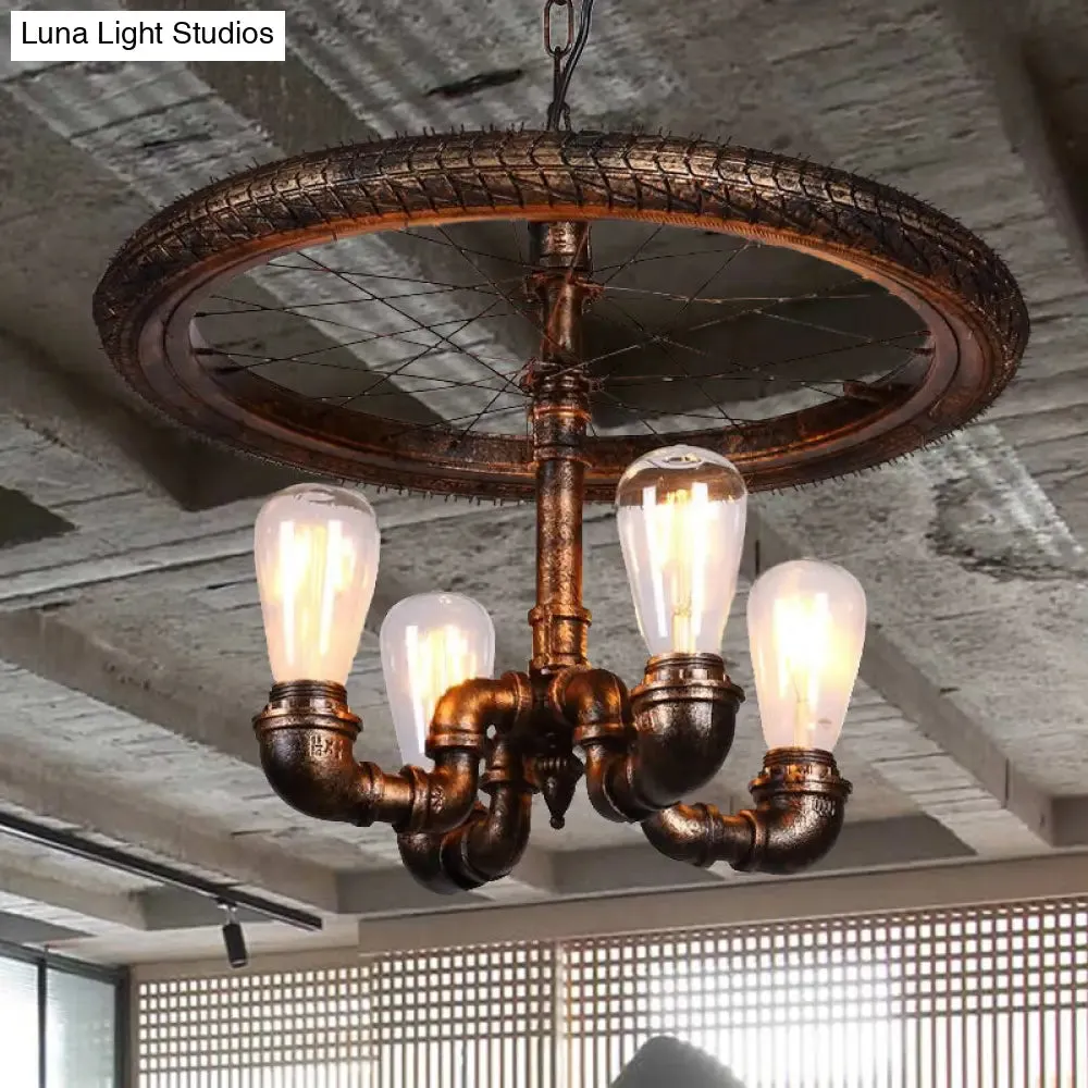 Vintage Metal Chandelier - 4 Lights Rust Pendant Light with Pipe, Wheel Design for Living Room