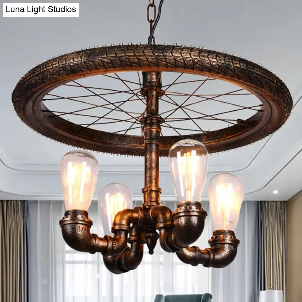 Vintage Metal Chandelier - 4 Lights Rust Pendant Light with Pipe, Wheel Design for Living Room