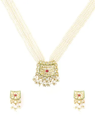 Yellow Chimes Traditional Jewellery Set for Women White Kundan Pearl Necklace Set Gold Plated Multilayered Jewellery Set for Women and Girls